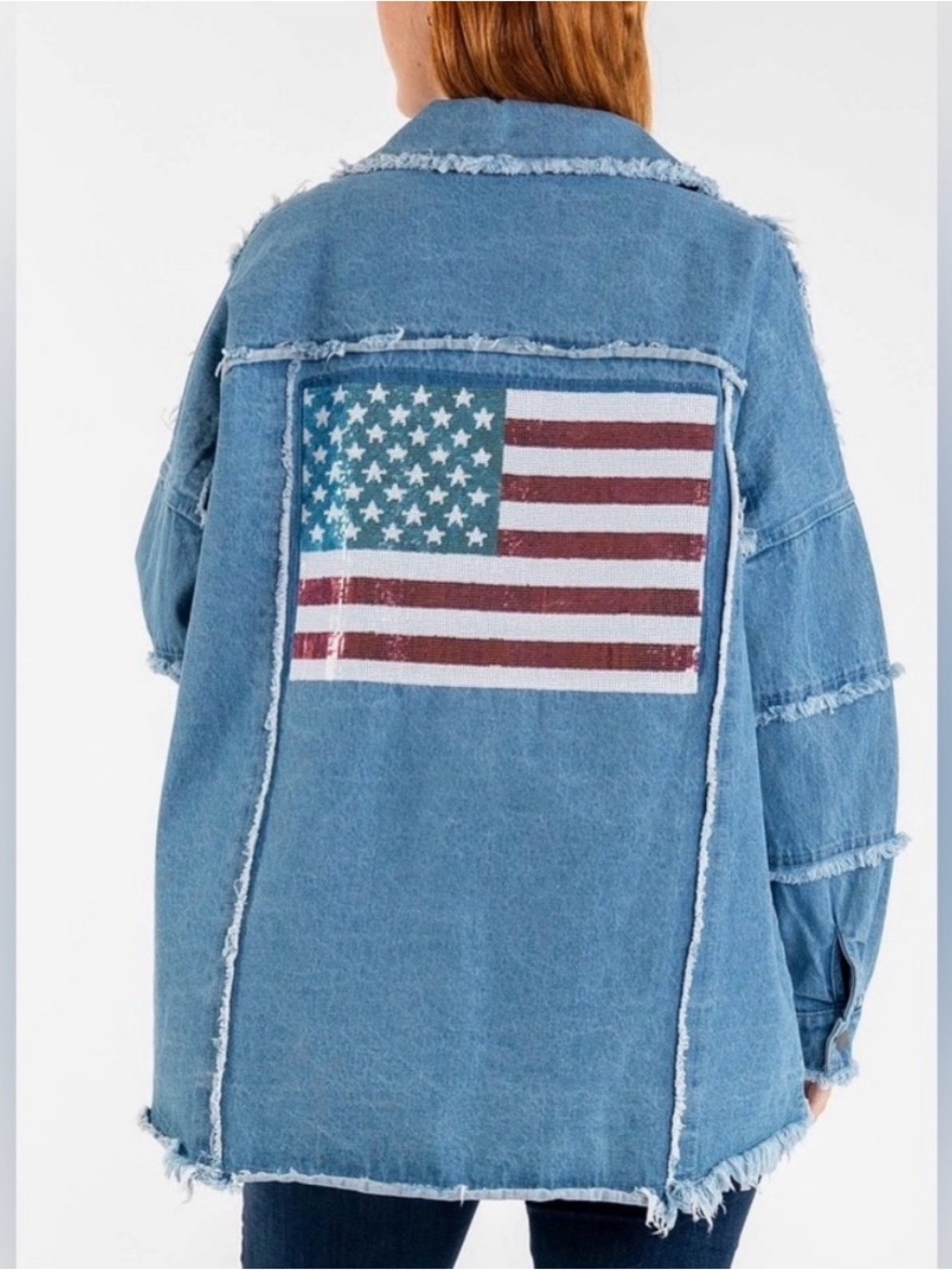 NWT   Blue Velvet Sequin American Flag Shacket or Jacket with raw edges.